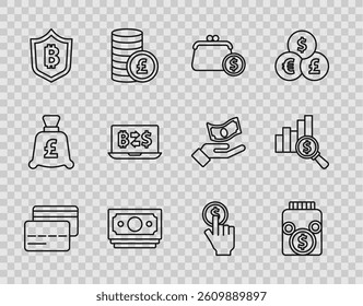 Set line Credit card, Glass money jar with coin, Wallet coins, Stacks paper cash, Shield bitcoin, Cryptocurrency exchange, Hand holding and Pie chart dollar icon. Vector