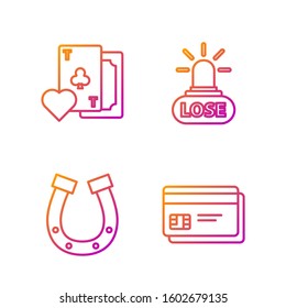 Set line Credit card, Horseshoe, Playing card with clubs symbol and Casino losing. Gradient color icons. Vector