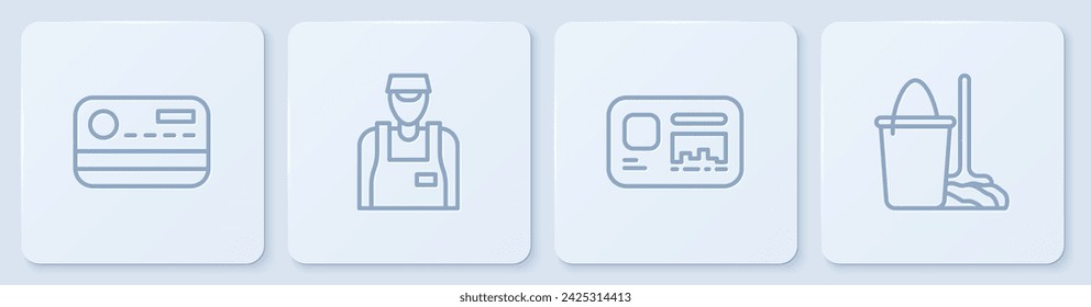 Set line Credit card, Identification badge, Seller and Mop and bucket. White square button. Vector