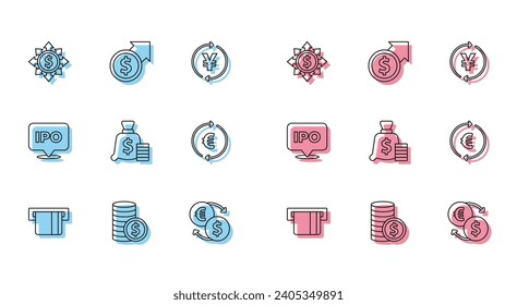 Set line Credit card inserted, Coin money with dollar, Dollar, share, network, Money exchange, bag, euro symbol, IPO and Financial growth and icon. Vector