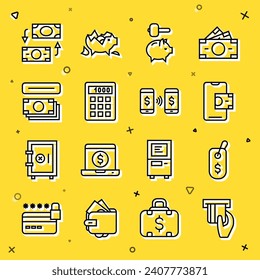 Set line Credit card inserted, Price tag with dollar, Mobile banking, Piggy and hammer, Calculator, ATM money, Money exchange and payment transfer icon. Vector