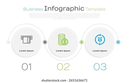 Definir linha Cartão de crédito inserido, Moeda dinheiro com dólar e Iene. Modelo de infográfico comercial. Vetor