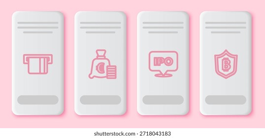 Set line Credit card inserted, Coin money with euro symbol, IPO and Shield bitcoin. White rectangle button. Vector