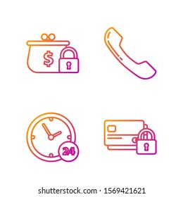 Set line Credit card with lock, Clock 24 hours, Closed wallet with lock and Telephone handset. Gradient color icons. Vector