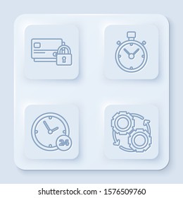 Set line Credit card with lock, Stopwatch, Clock 24 hours and Gear and arrows as workflow process concept. White square button. Vector