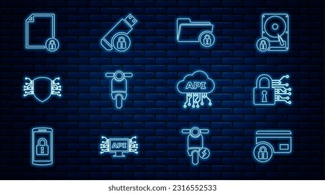 Set line Credit card with lock, Cyber security, Folder and, Scooter, Document, Cloud api interface and USB flash drive icon. Vector