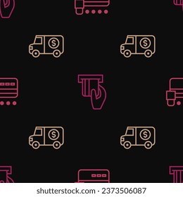 Fijar la tarjeta de crédito con cerradura, camioneta blindada e insertada en un patrón impecable. Vector