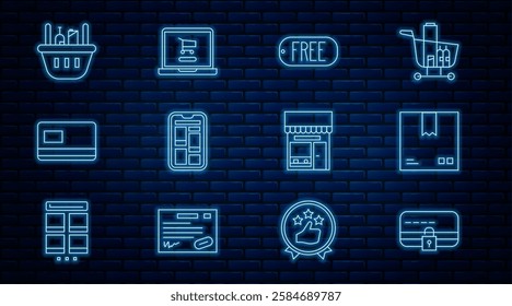Set line Credit card with lock, Cardboard box traffic symbol, Price tag text Free, Online shopping on phone, Shopping basket and food, building or market store and cart laptop icon. Vector