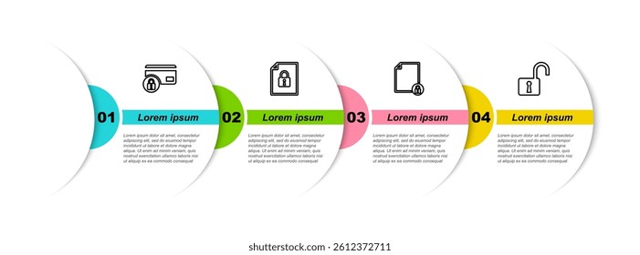 Set line Credit card with lock, Document and,  and Open padlock. Business infographic template. Vector