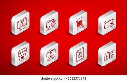 Set line Credit card with lock, FTP folder and, Document, Folder, Lock on monitor,  and Cooler bag icon. Vector