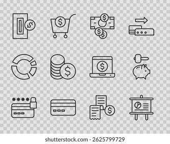 Definir linha Cartão de crédito com cadeado, Diagrama de quadro-negro, Pilhas dinheiro papel, Inserindo moeda, Moeda dólar, Papel ou cheque financeiro e Piggy bank e ícone de martelo. Vetor