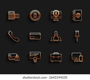 Set line Credit card with lock, Certificate template, Calculator dollar symbol, Briefcase, Computer monitor and mobile phone, Envelope, Push pin and Project team base icon. Vector