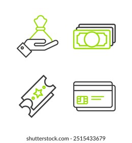 Set-Linie Kreditkarte, Lotterie-Ticket, Stapel Papiergeld bar und Hand haltende Tasche Symbol. Vektorgrafik