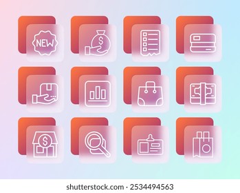 Set line Credit card, Magnifying glass, Paper shopping bag, Identification badge, Pie chart infographic, Shopping list, Price tag with New and Money icon. Vector