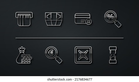 Set line Credit card, Money bag and coin, Magnifying glass with percent, Safe, euro, Stacks paper money cash, Old hourglass and remove icon. Vector