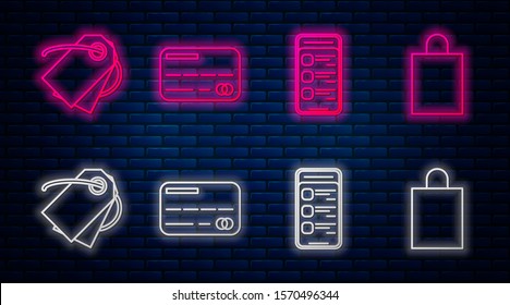 Set line Credit card, Online shopping on mobile phone, Blank label template price tag and Paper shopping bag. Glowing neon icon on brick wall. Vector