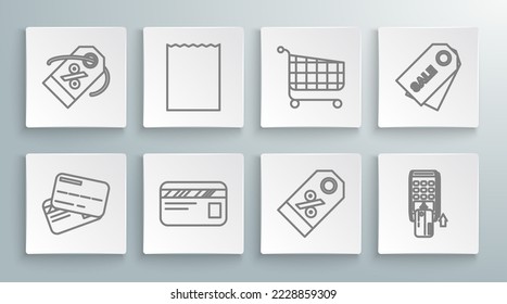 Set line Credit card, Paper shopping bag, Discount percent tag, Pos terminal with inserted credit, Shopping cart, Price an inscription Sale and  icon. Vector