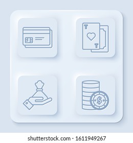 Set line Credit card, Playing card with heart, Hand holding money bag and Casino chip with dollar. White square button. Vector