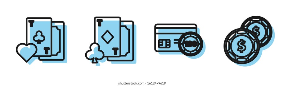 Set line Credit card, Playing card with clubs symbol, Playing card with diamonds and Casino chip with dollar icon. Vector