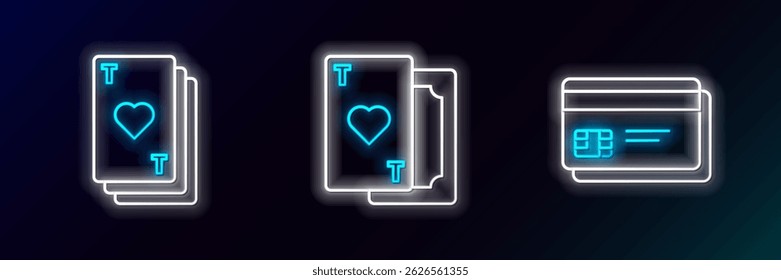 Set line Credit card, Playing with heart and  icon. Glowing neon. Vector