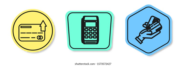 Set line Credit card, Pos terminal and Human hand holding with credit card. Colored shapes. Vector