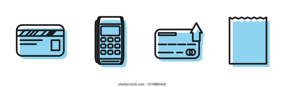Set line Credit card, Credit card, Pos terminal and Paper shopping bag icon. Vector
