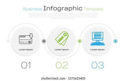 Set line Credit card, Price tag with an inscription Sale and Shopping building on screen computer. Business infographic template. Vector