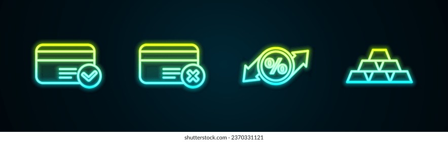Setzen Sie Kreditkarte, entfernen, Rabatt auf den prozentualen Tag und Gold Bars. Leuchtendes Neonsymbol. Vektorgrafik