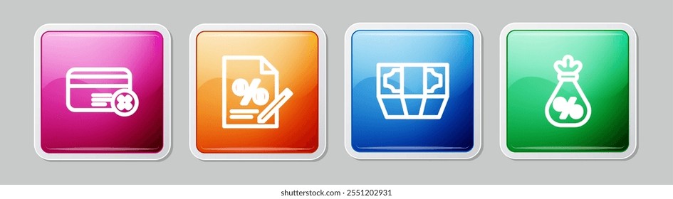 Set line Credit card remove, Finance document, Stacks paper money cash and Money bag with percent. Colorful square button. Vector