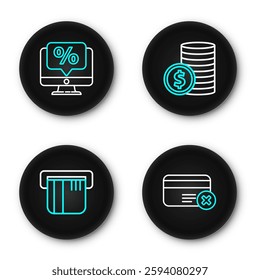 Set line Credit card remove, Coin money with dollar and Percent discount and monitor icon. Vector