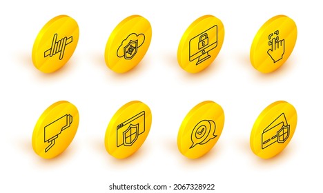 Fijar la tarjeta de crédito de línea con el escudo, Marcar en la burbuja de voz, Navegador, cámara de seguridad, huella digital, Bloquear en el monitor, Icono de alambre de nube y alambre de púas. Vector