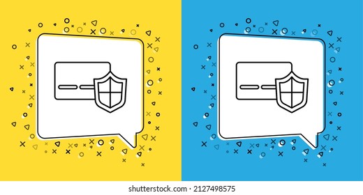 Set line Credit card with shield icon isolated on yellow and blue background. Online payment. Cash withdrawal. Financial operations. Shopping sign.  Vector