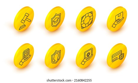 Set line Credit card with shield, Safe in hand, Life insurance, House, Delivery, Lifebuoy, Graduation cap and Judge gavel icon. Vector