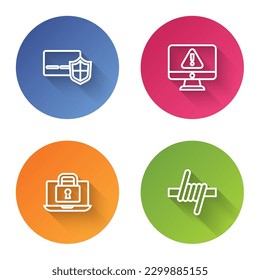Set line Credit card with shield, Monitor exclamation mark, Laptop and lock and Barbed wire. Color circle button. Vector