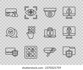 Set line Credit card with shield, Document folder protection, Security camera, Graphic password, Password,  and Lock monitor icon. Vector