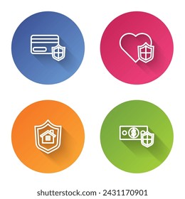 Set line Credit card with shield, Life insurance, House and Money. Color circle button. Vector