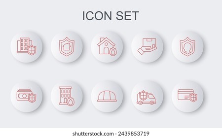 Set line Credit card with shield, Money, Fire in burning house, Car, House,  and Worker safety helmet icon. Vector