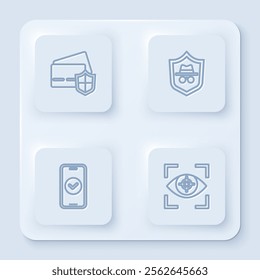 Set line Credit card with shield, Incognito mode, Smartphone and Eye scan. White square button. Vector