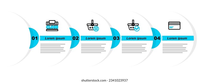 Set line Credit card, Shopping basket with check mark, Remove shopping and building and text closed icon. Vector