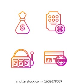 Set line Credit card, Slot machine with lucky sevens jackpot, Money bag and Online slot machine. Gradient color icons. Vector