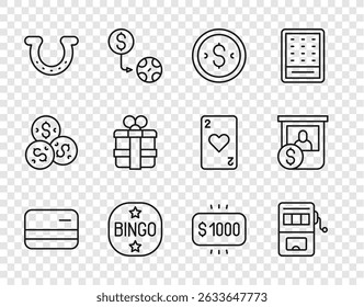 Set line Credit card, Slot machine, Coin money with dollar, Bingo, Horseshoe, Gift box, Money prize casino and Casino chips exchange icon. Vector