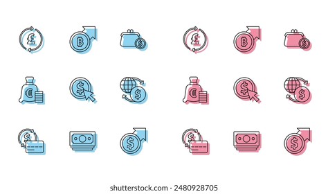 Set line Credit card, Stacks paper money cash, Coin with pound, Financial growth and dollar, Money exchange, euro symbol and bitcoin icon. Vector