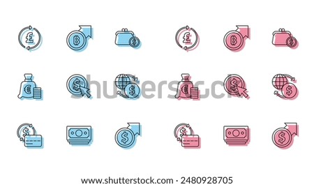 Set line Credit card, Stacks paper money cash, Coin with pound, Financial growth and dollar, Money exchange, euro symbol and bitcoin icon. Vector