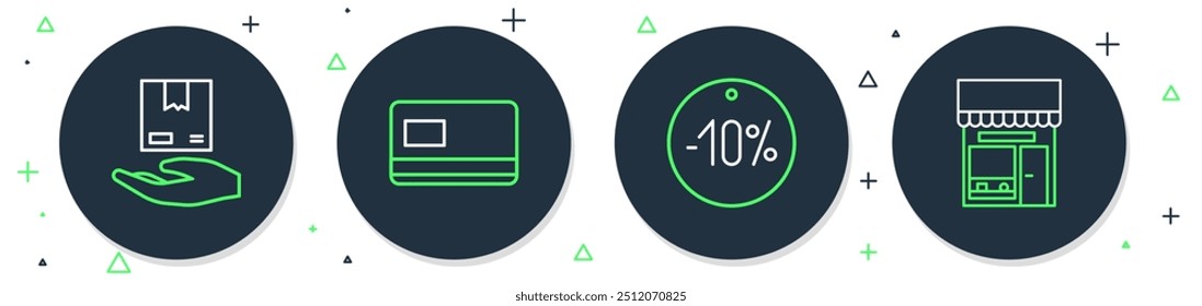 Set line Tarjeta de crédito, etiqueta de diez por ciento de descuento, mano de entrega con cajas y edificio de compras o icono de tienda de mercado. Vector