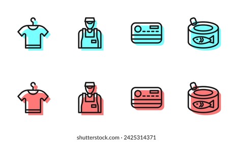 Set line Credit card, T-shirt, Seller and Canned fish icon. Vector