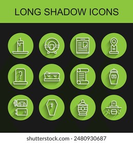 Set line Crematorium, Coffin with cross, Burning candle, Funeral, Grave coffin, dead,  and Decree, parchment, scroll icon. Vector