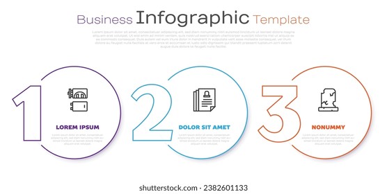 Fijar la línea Crematorio, Certificado de Muerte y Antigua tumba con lápida. Plantilla de infografía empresarial. Vector