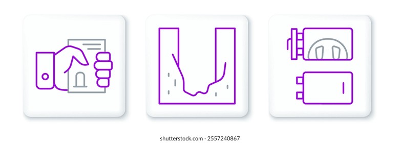 Set line Crematorium, Death certificate in hand and Cemetery digged grave hole icon. Vector