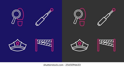 Set line Crime scene, Police cap with cockade, Telescopic baton and Footsteps icon. Vector