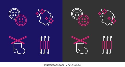 Gancho de ganchillo, agujas de tejer, icono de Botón de cuero y costura. Vector